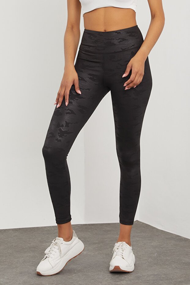 Women's Black High Waist Camouflage Patterned Sports Tights