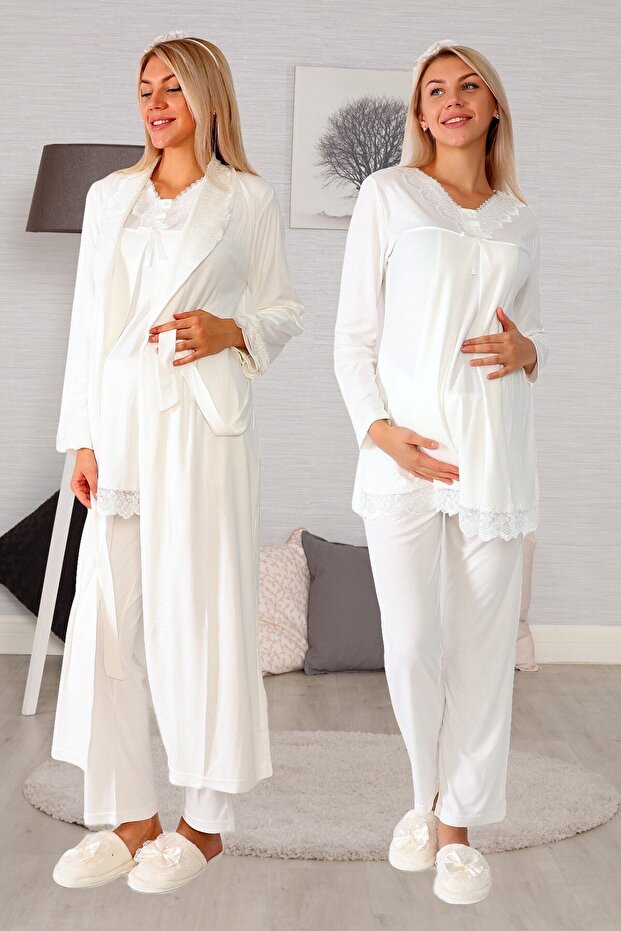 Maternity Pajama Set with Hidden Breastfeeding Feature 4034 Ecru Long Dressing Gown