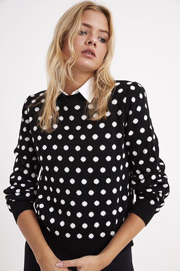 Women's Black Crew Neck Polka Dot Sweater