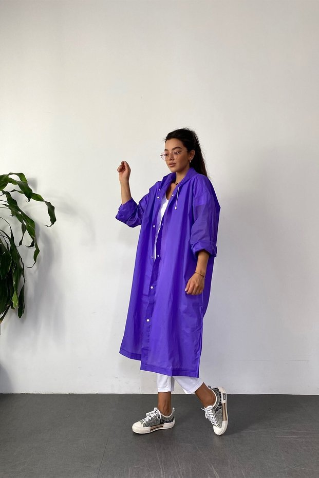 Women's Purple Snap Detail Transparent Raincoat
