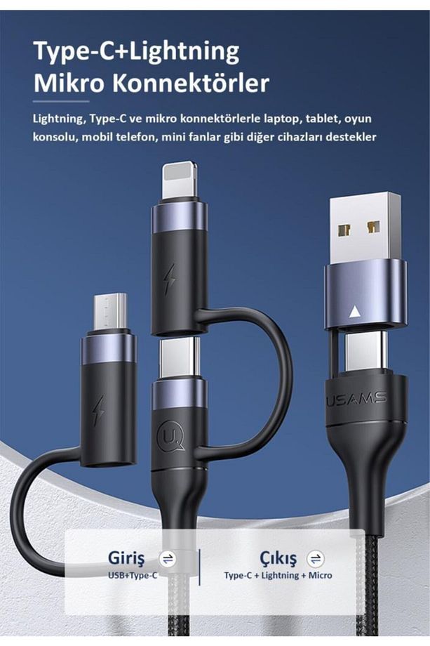 Us-sj547 Usb Type-c To Type-c Lightning Microusb,1.2m 60 Watt 6 In 1 Hızlı Şarj Ve Data Kablosu - 8