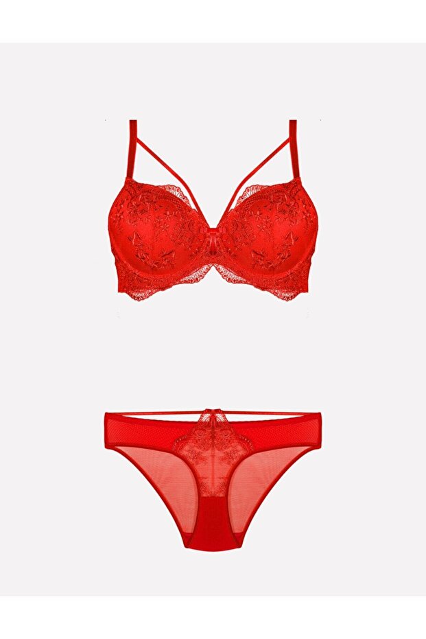 Meba Women's Lace Detailed Unsupported Red Bra Set