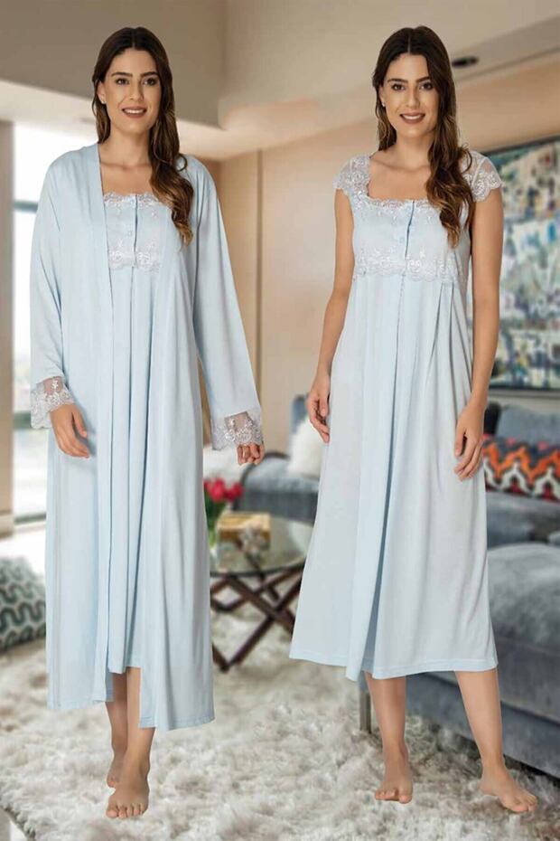 Blue Maternity Set with Lace Detailed Suspender Sleeve Nightgown and Dressing Gown
