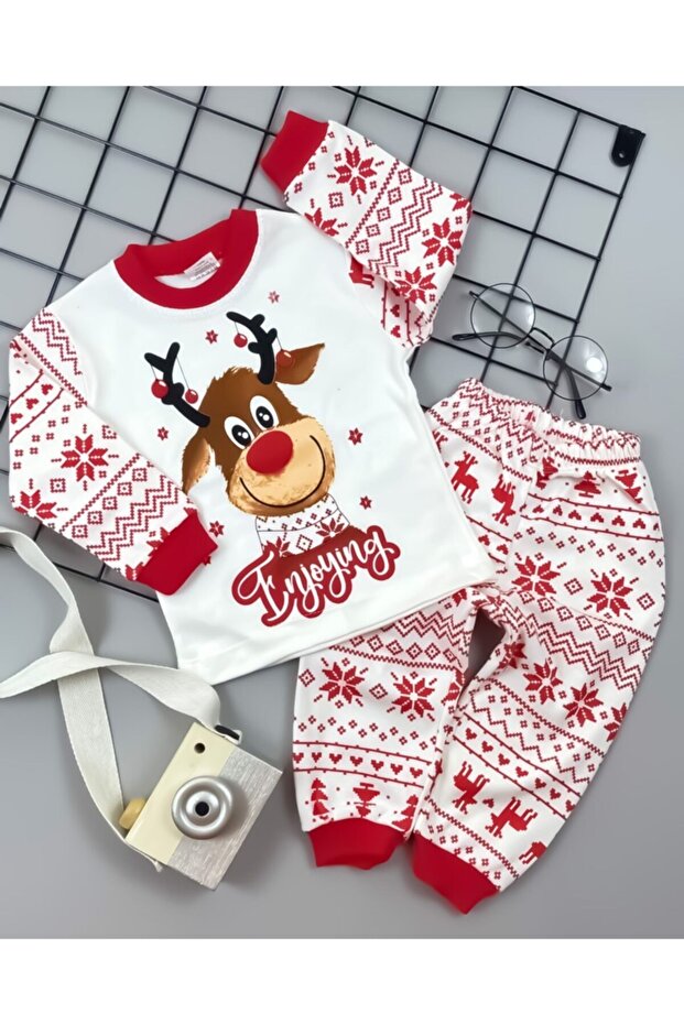 Geyik Desenli Yılbaşı Temalı Unisex Çocuk Pijama Takımı 1-2-3-4-5-6-7-8-9 Yaş - 1