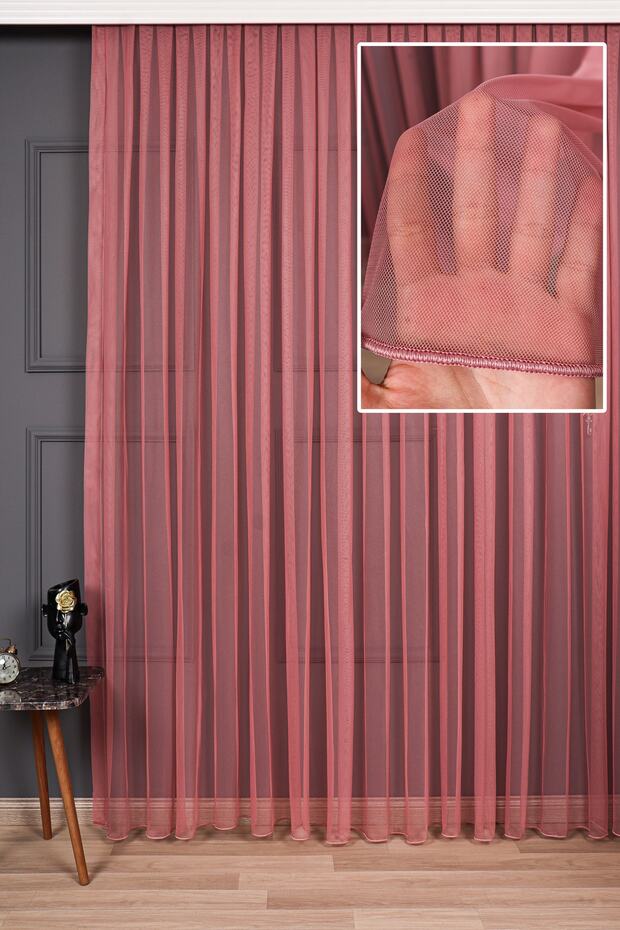 Grek Dried Rose Color Plain Tulle Curtain, 250x250, Thin Pleat, 1/3
