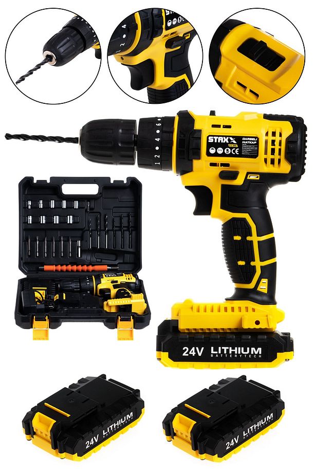 Şarjlı Matkap Vidalama Metal Dişli Çift Şanzıman Çift Akülü 24 V 5 Ah 24 Parça Set - 1
