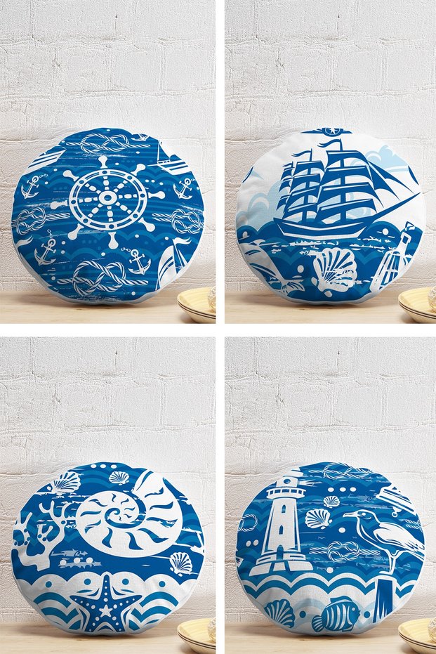 4-Piece Modern Round Pillow Throw Pillow Cover Set with Sailor Pattern on Colorful Floor