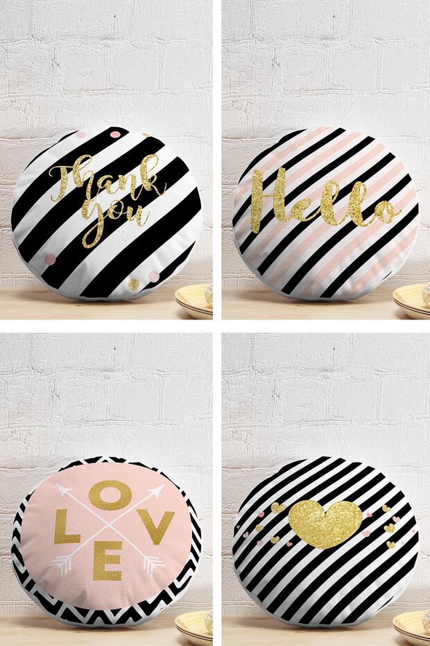 4-Piece Modern Round Pillow Throw Pillow Cover Set with Gold Detailed Text on White Background