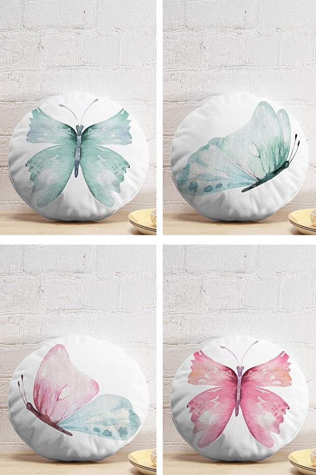 Set of 4 Colorful Watercolor Butterfly Drawing Digital Printed Modern Round Pillow Throw Pillow Covers