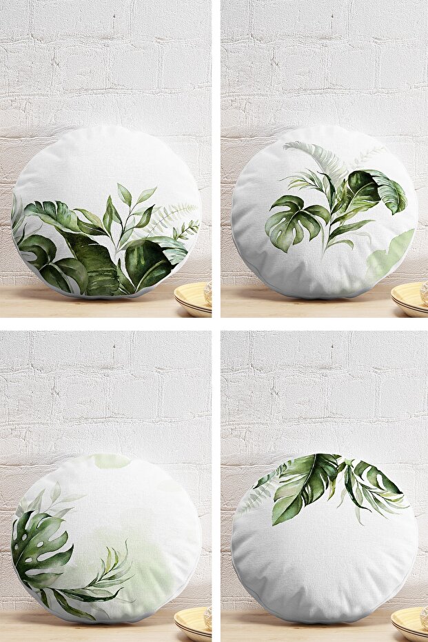 Set of 4 White Background Green Tropical Leaf Motif Digital Printed Round Pillow Throw Pillow Covers