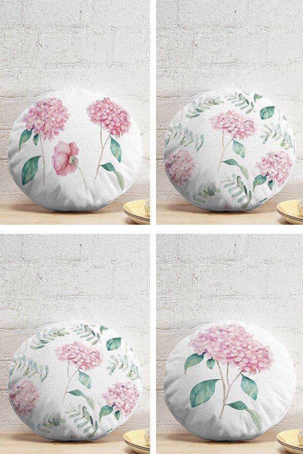 4-Piece Modern Round Pillow Throw Pillow Cover Set with Hydrangea Flower Pattern on White Background