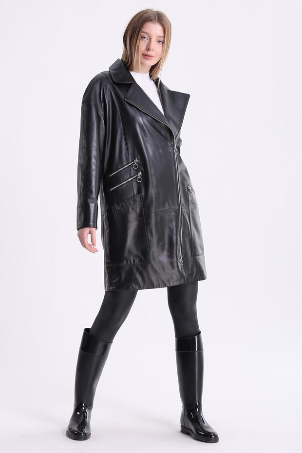 Siyah Oversize Deri Kaban - 1