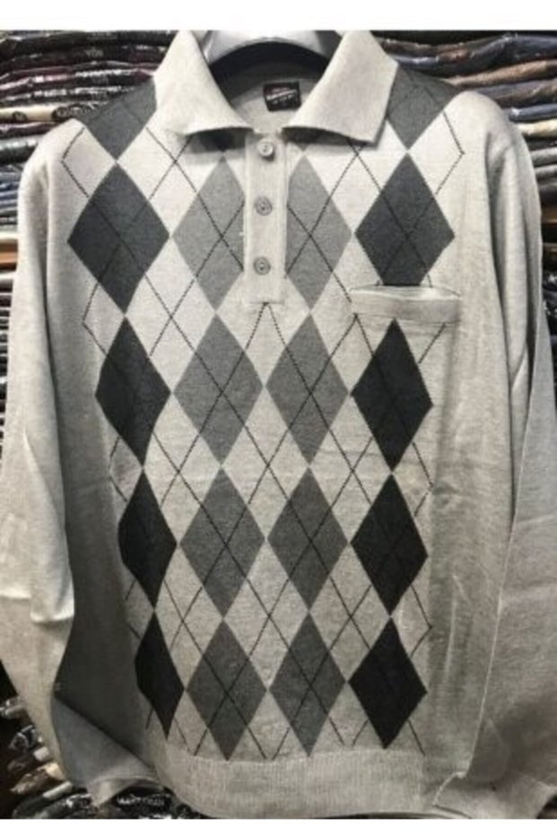 Men's Patterned Polo Collar Fine Wool Knitwear Buttoned Dad Sweater