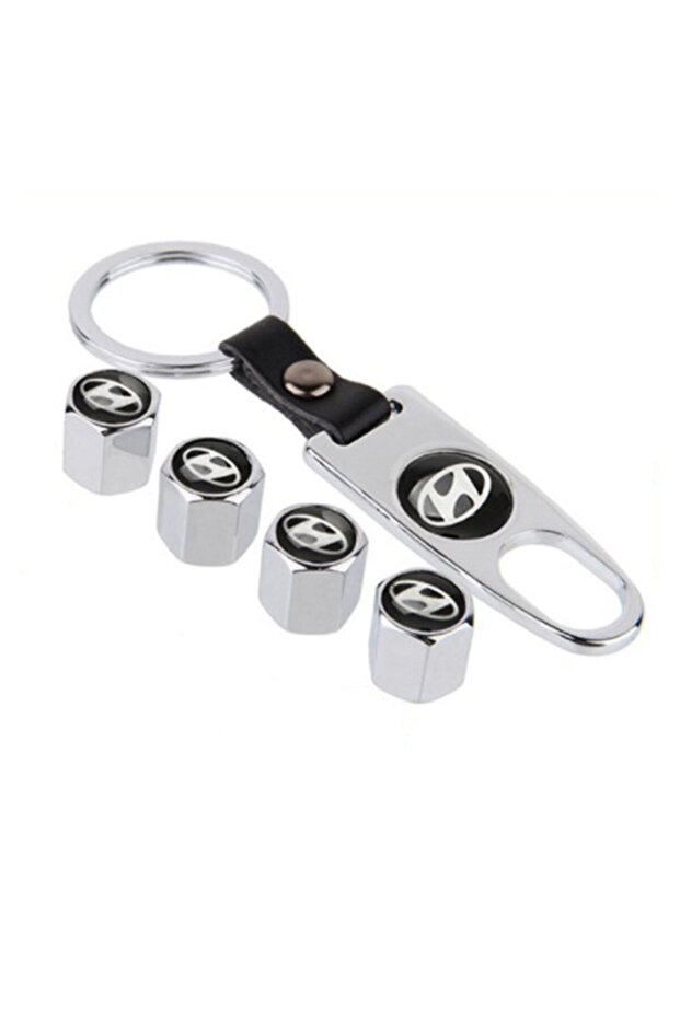 Hyundai Accent Era Stainless Steel Valve Lid and Keychain Set Chrome Color