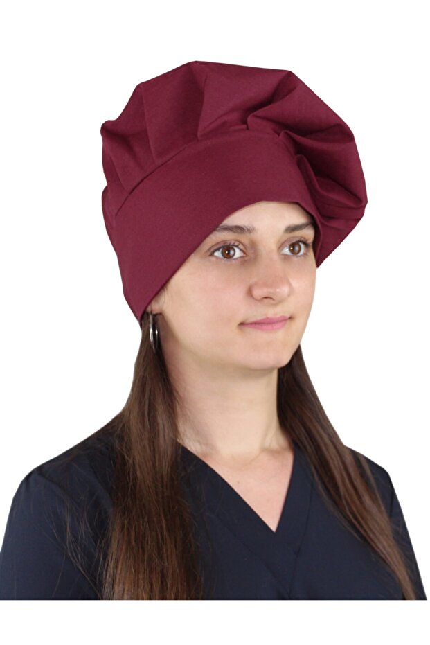 Unisex Chef Cook Cap Cook Hat Mushroom Cap Alpaca Fabric Claret Red