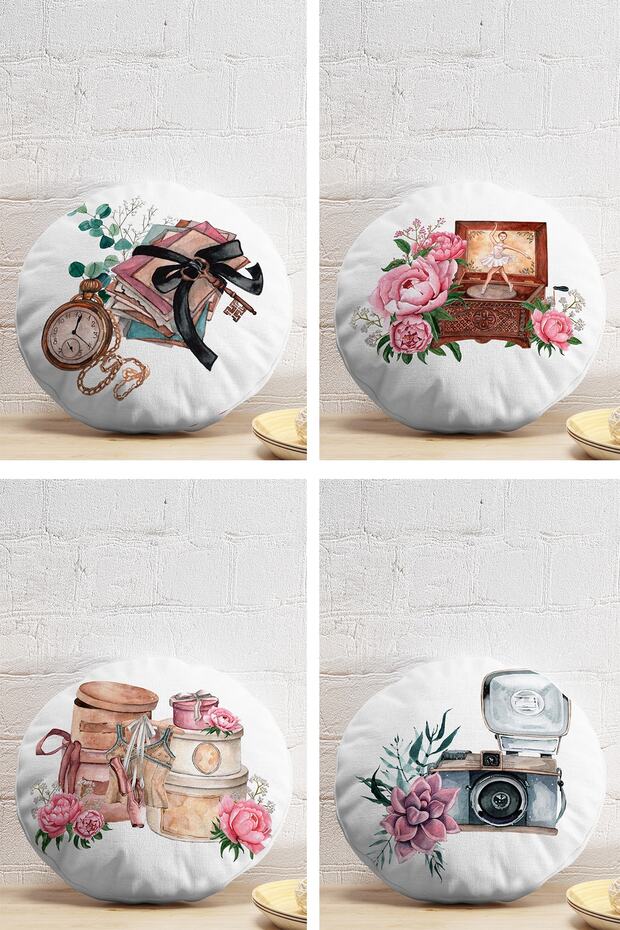 4-Piece Special Design Antique Motif Digital Printed Modern Round Pillow Throw Pillow Cover Set