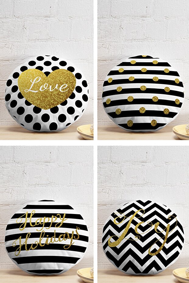 4-Piece Black White Gold Leafy Motifs Digital Printed Round Pillow Throw Pillow Cover Set