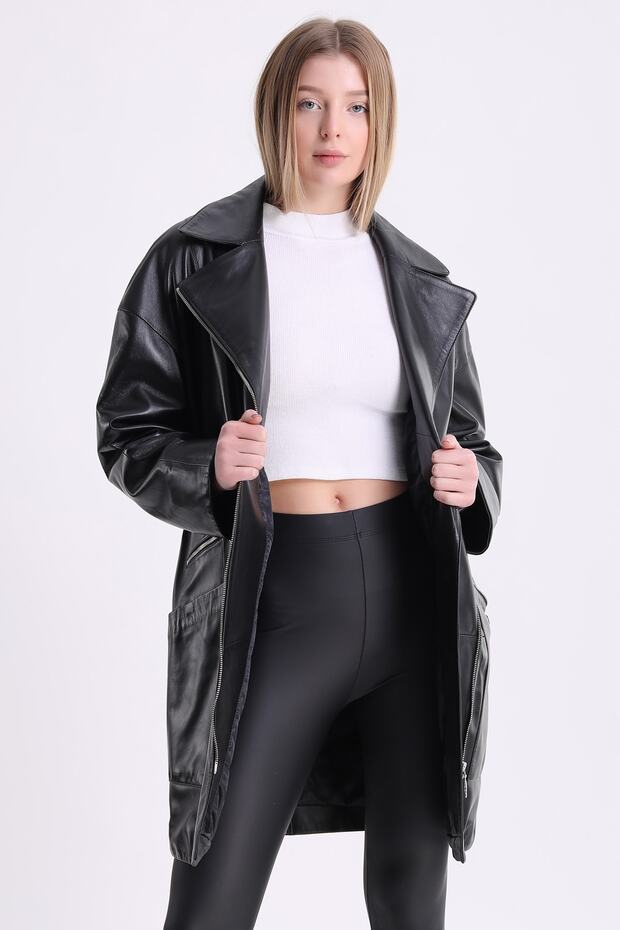 Siyah Oversize Deri Kaban - 3
