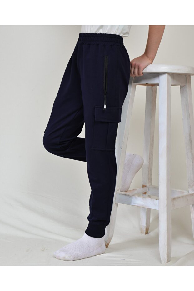 Unisex Kids Navy Blue Cargo Pocket Sweatpants Bottom, 4-season