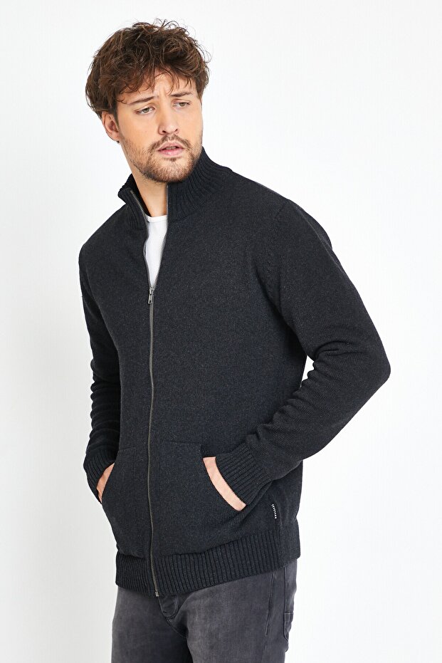 Brussels Anthracite Zippered Knitwear Pocket Cardigan