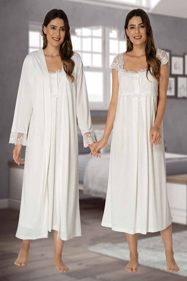 Ecru Maternity Set with Lace Detailed Strap Sleeve Nightgown and Dressing Gown
