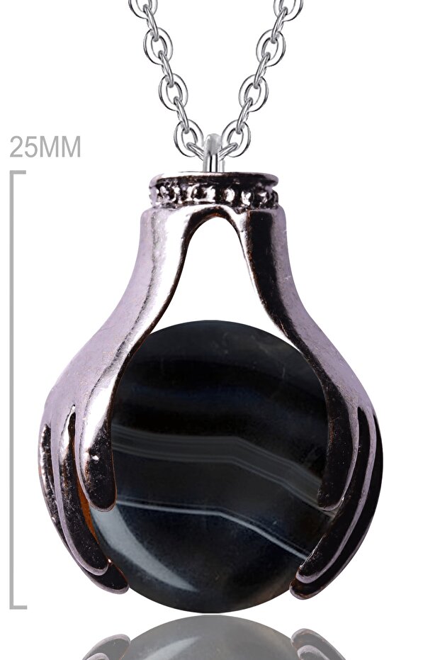 Certified Hand Symbol Sphere Cut Black Natural Agate Stone Necklace