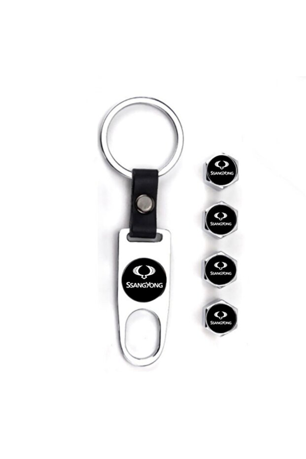 Ssangyong Kyron - Stainless Steel Valve Cap and Keychain Set, Chrome Color