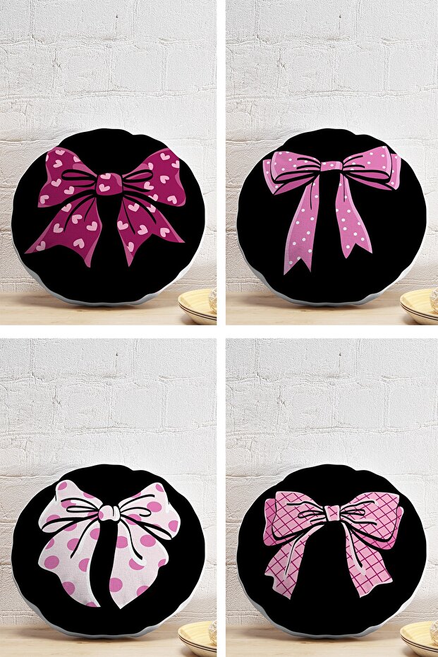 4-Piece Black Background Pink Ribbon Design Digital Printed Modern Round Pillow Throw Pillow Cover Set