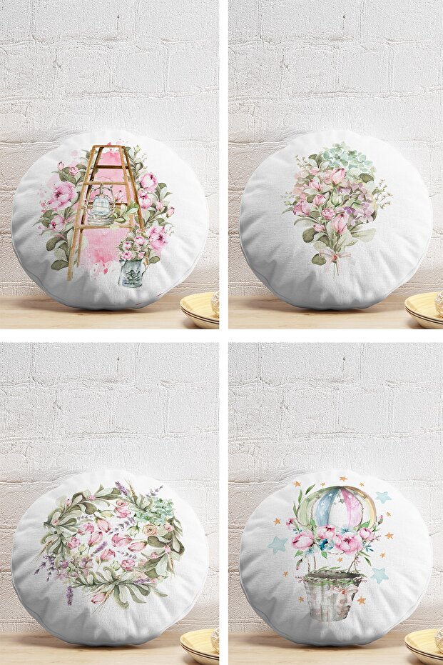 4-Piece Flower Bundles Special Design Digital Printed Modern Round Pillow Throw Pillow Cover Set