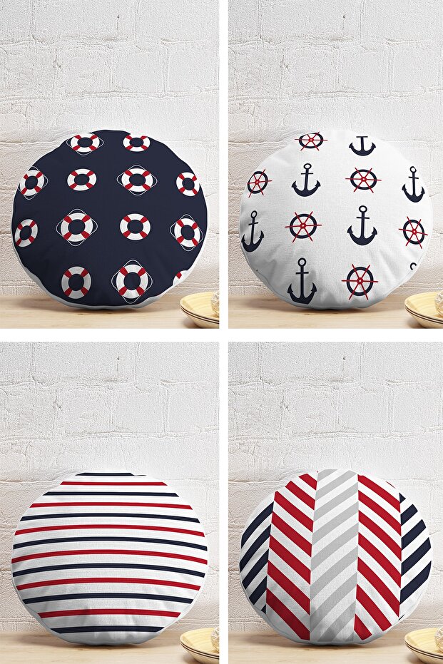 4-Piece Dark Blue Anchor Lines Motif Modern Round Pillow Throw Pillow Cover Set