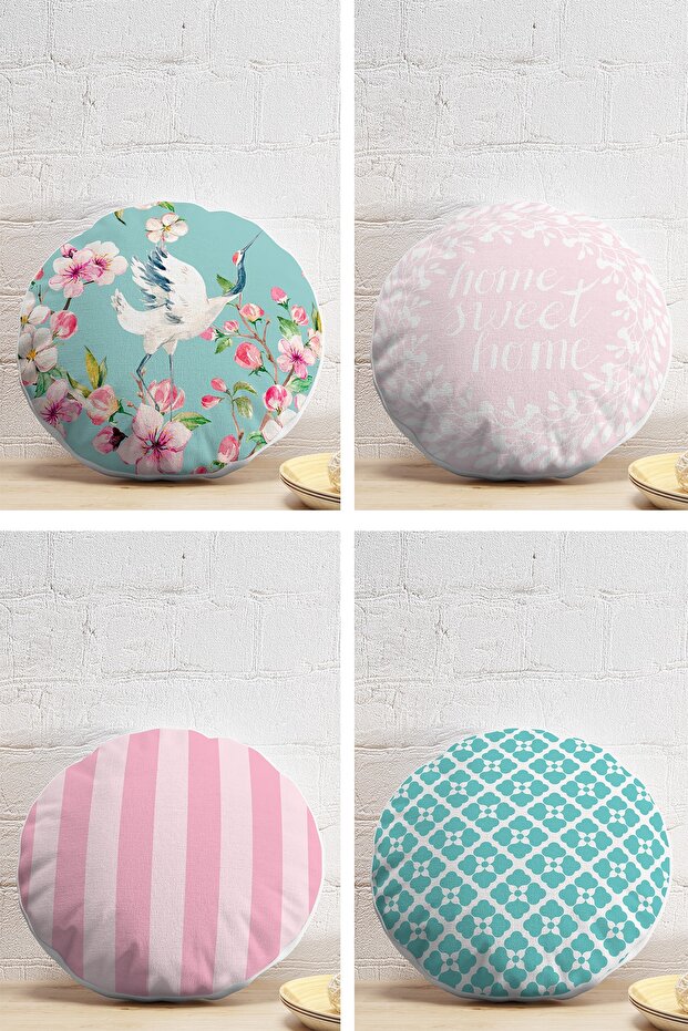 Set of 4 Pink and Mint Green Concept Decorative Round Pillow and Cushion Covers