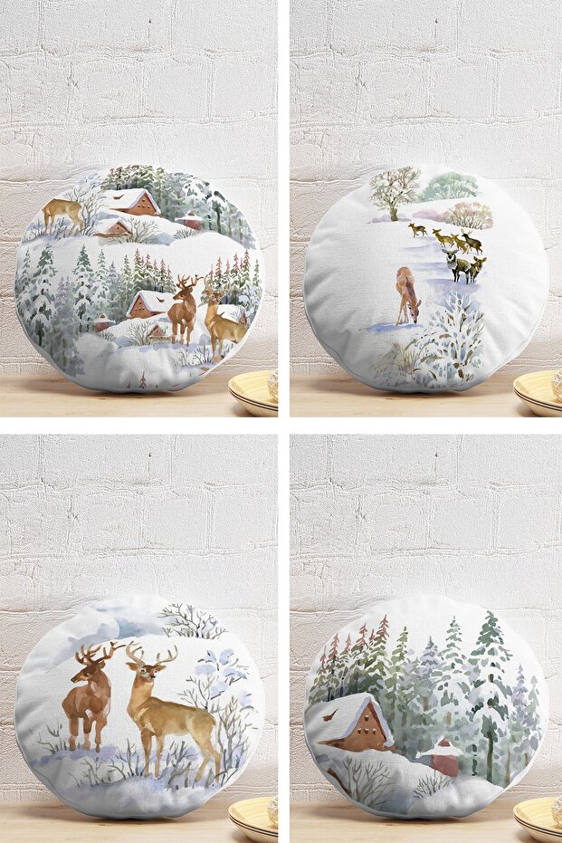4-Piece Deer Vineyard House Winter Themed Digital Printed Modern Round Pillow Throw Pillow Cover Set