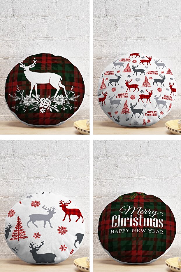 Set of 4 Merry Christmas Themed Deer Motif Round Pillow Throw Pillow Covers