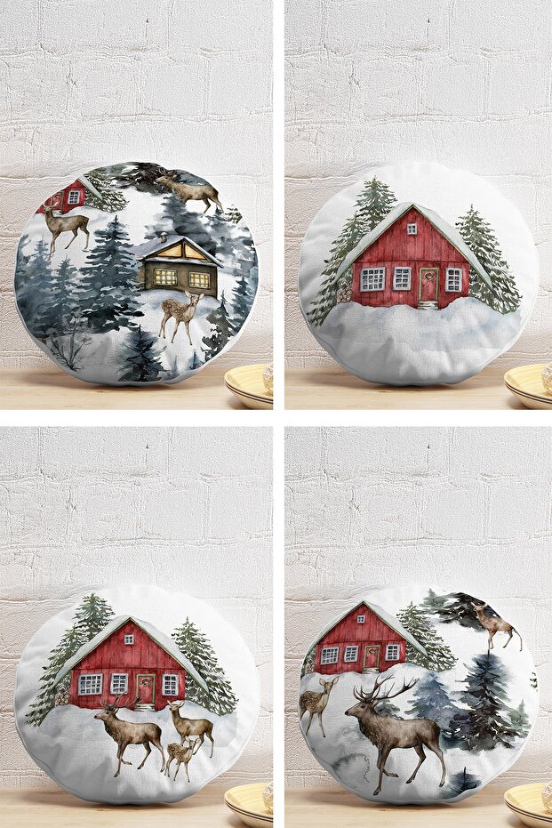 4-Piece Vineyard House Special Design Winter Themed Digital Printed Modern Round Pillow Throw Pillow Cover Set