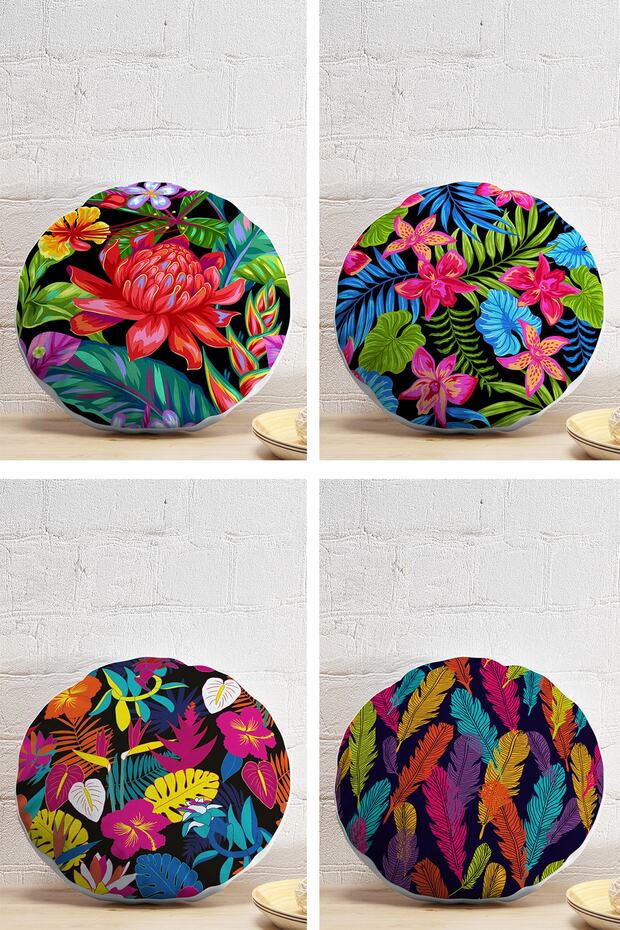 Set of 4 Colorful Feathers Round Pillow and Cushion Covers