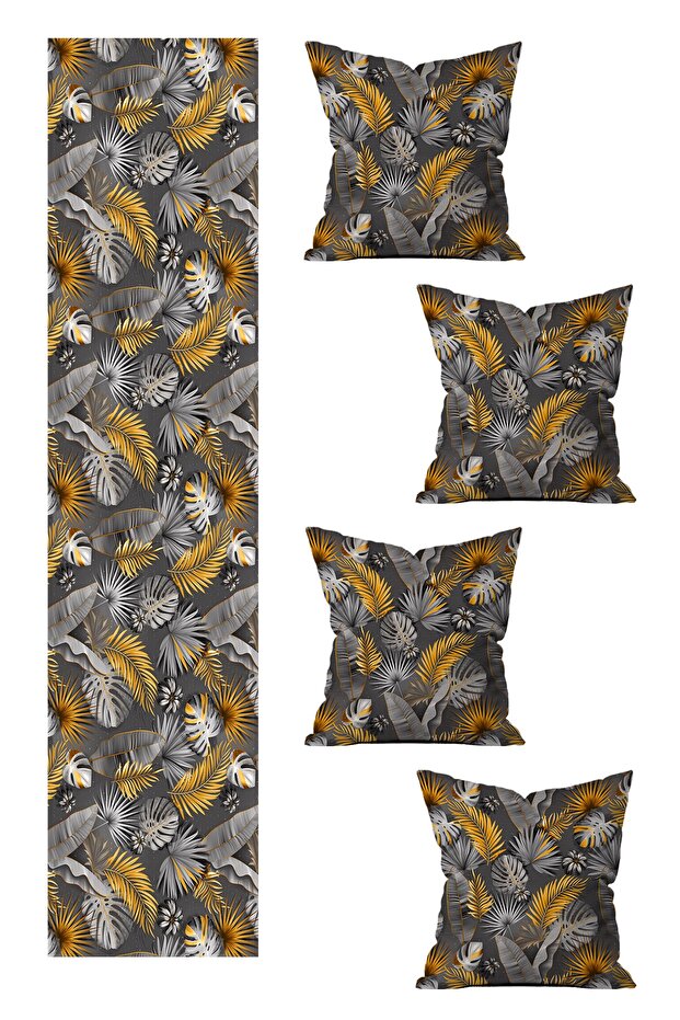 5 Piece Special Design Double Sided Printed Throw Pillow Cover and Runner Set