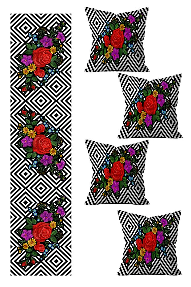 5 Piece Special Design Double Sided Printed Throw Pillow Cover and Runner Set