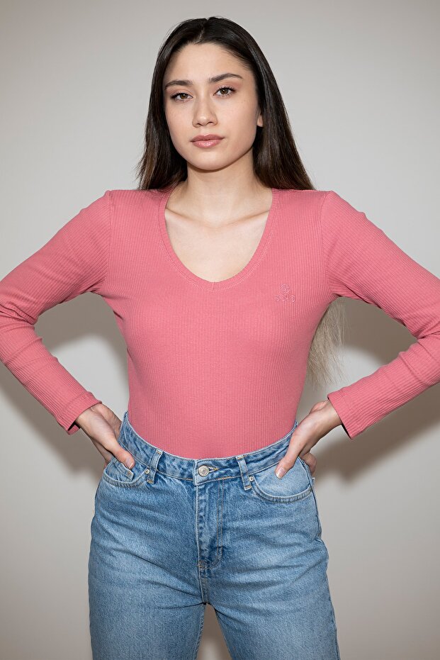 Kadın Gül Kurusu V Yaka Uzun Kollu Fitilli Örme Basic Bluz - 2