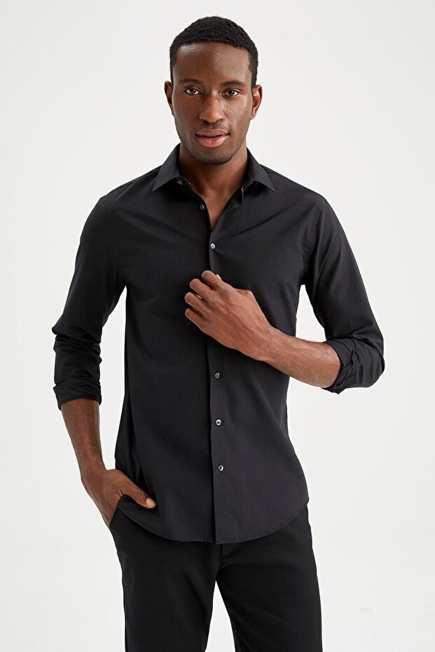 Slim Fit Polo Neck Poplin Long Sleeve Shirt