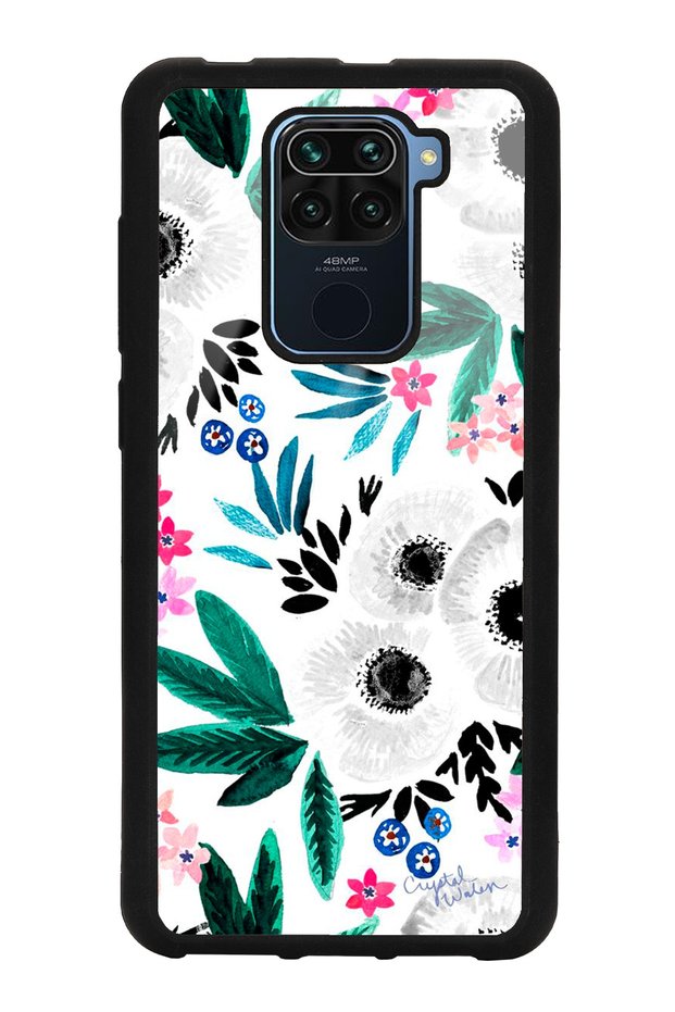 حافظة هاتف لامعة بتصميم زهرة بيضاء لهاتف Xiaomi Redmi Note 9