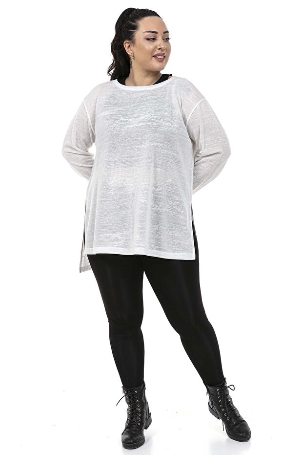 Plus Size Boat Neck White Blouse with Slit Detail on the Sides