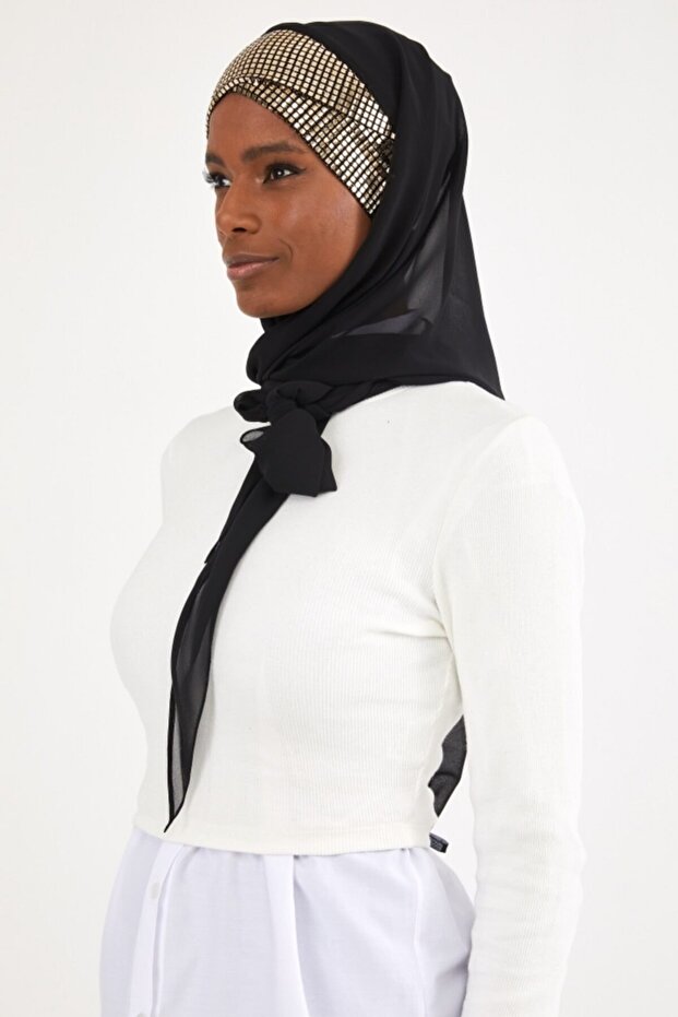 وشاح شيفون مثلث باللون الأسود والذهبي - 1