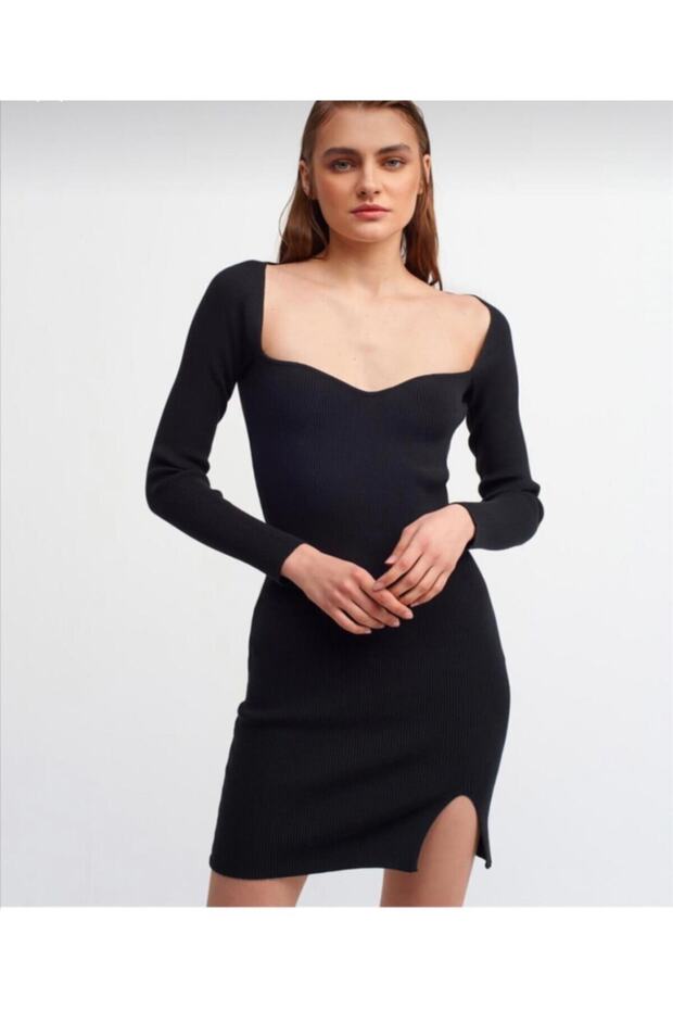 1063 Fitilli Triko Siyah Elbise - 1