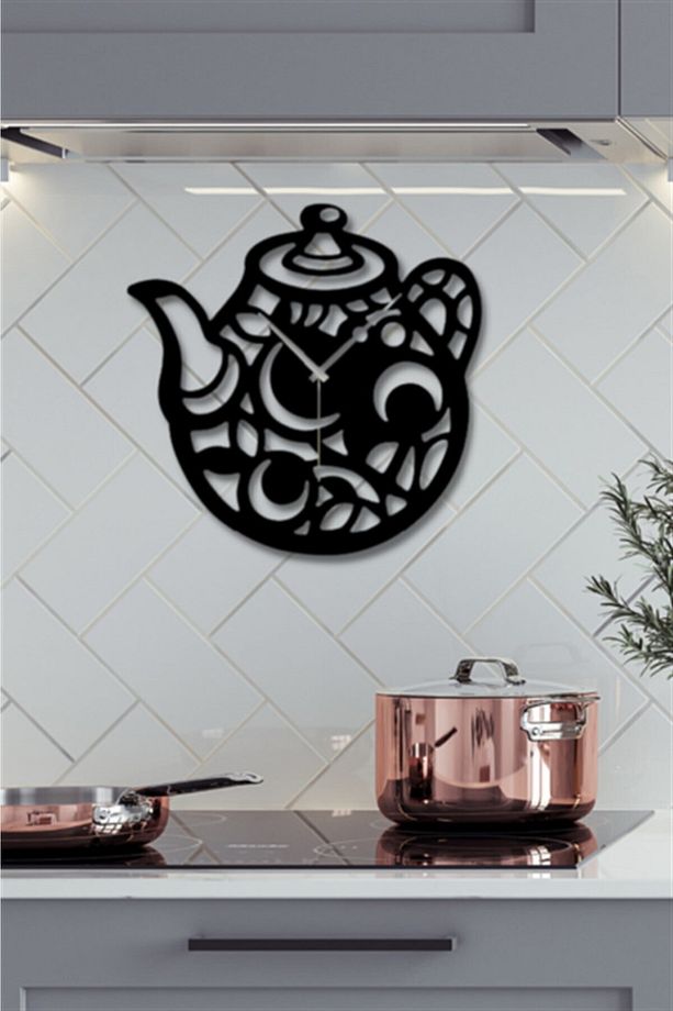 Siyah Ahşap Çaydanlık Işlemeli Duvar Saati - Mutfak Konsepti Cafe Için 38x38 Cm Duvar Dekoru - 1