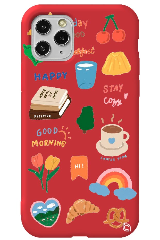 iPhone 11 Pro Max Red Color Sticker Velvet Patterned Silicone Phone Case