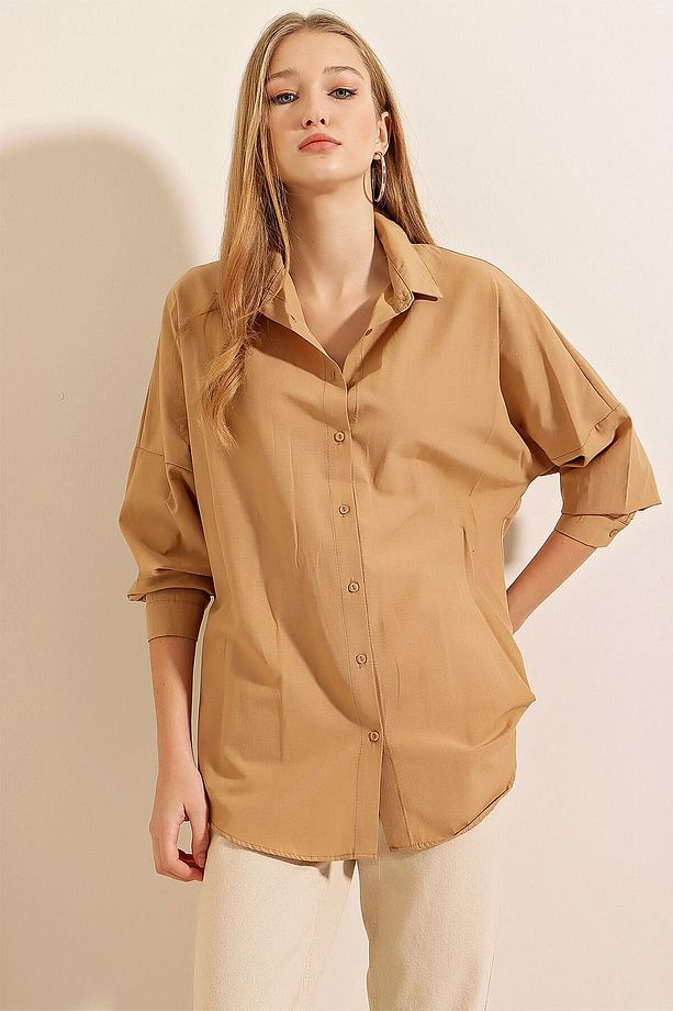 3900 Oversize Uzun Basic Gömlek - Bisküvi - 1