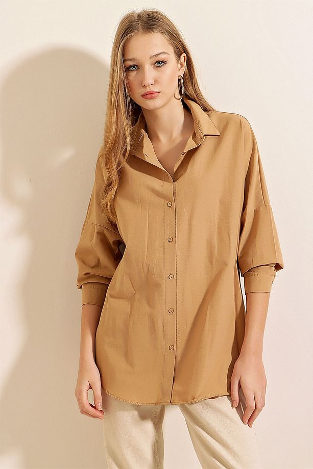 3900 Oversize Uzun Basic Gömlek - Bisküvi - 3