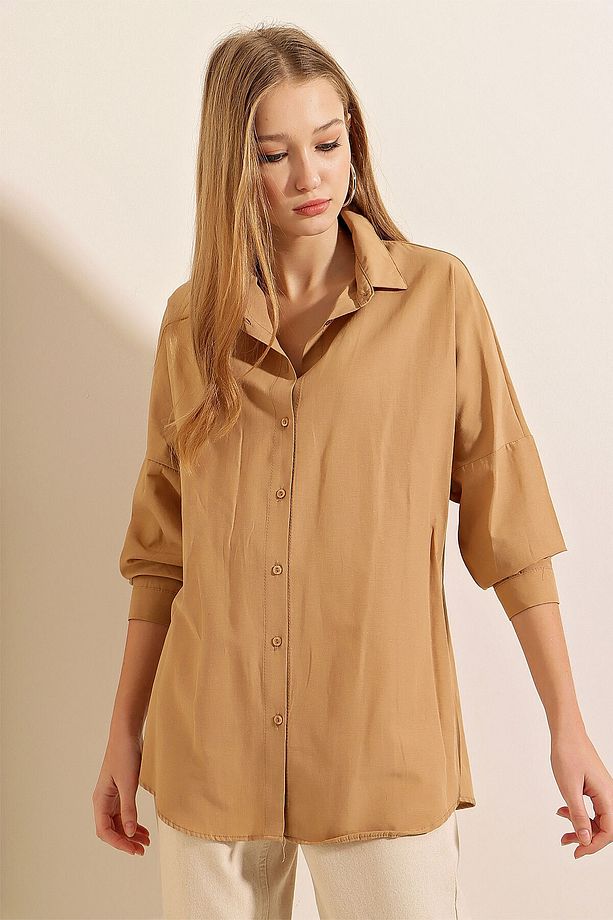3900 Oversize Uzun Basic Gömlek - Bisküvi - 4