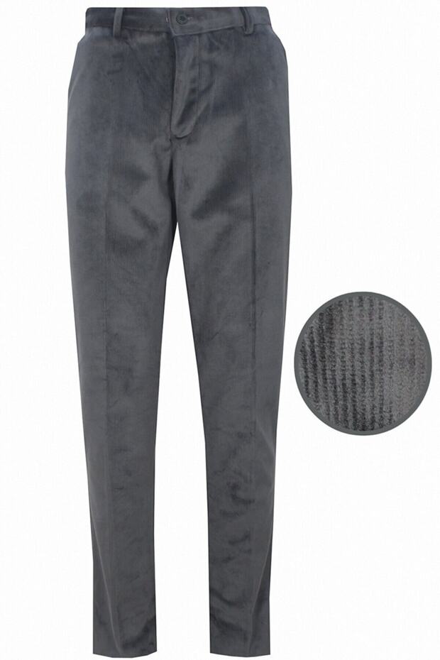 Men's Winter Slim Ribbed Cuff Dark Gray Velvet Trousers with Side Pockets