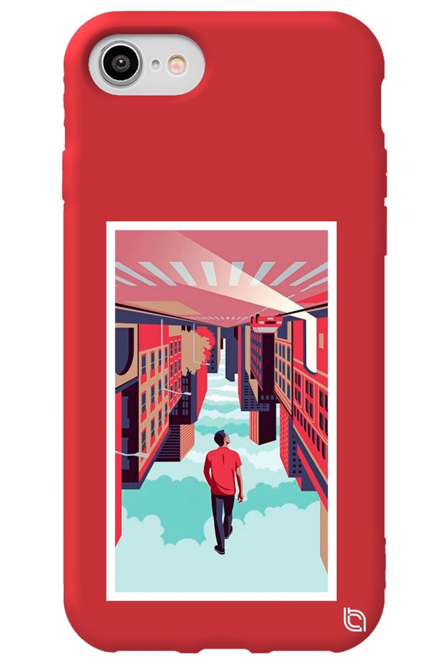 iPhone 8 Red Color Inverted City Velvet Patterned Silicone Phone Case
